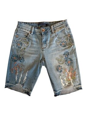 Tractr Light Blue Floral Embroidered Denim Shorts